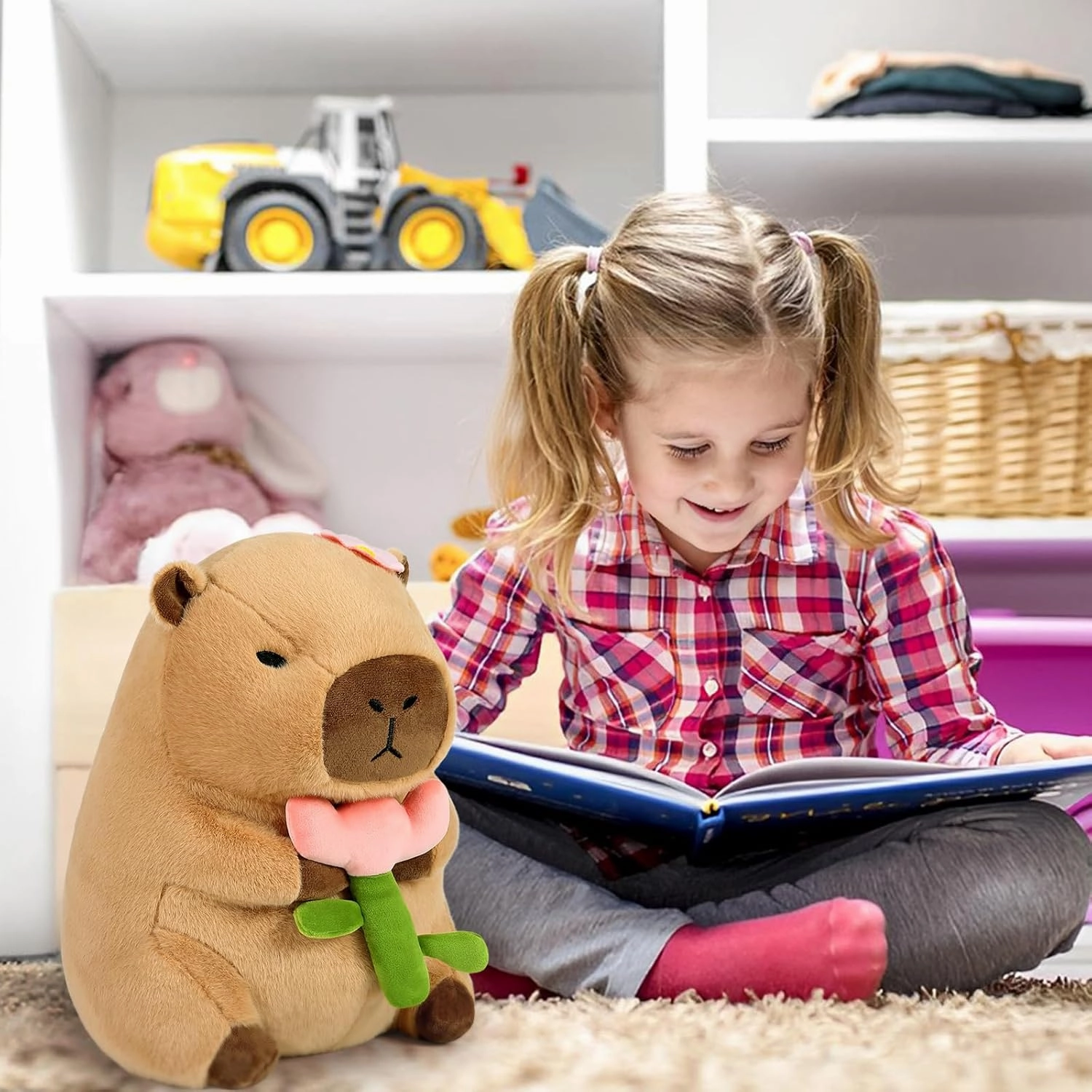 Ditucu Cute Capybara Plush Pillow Holding Flower Capibara Stuffed Animal Plushies Toys for Gifts for Kids Girlfriend Brown 13.7 inch