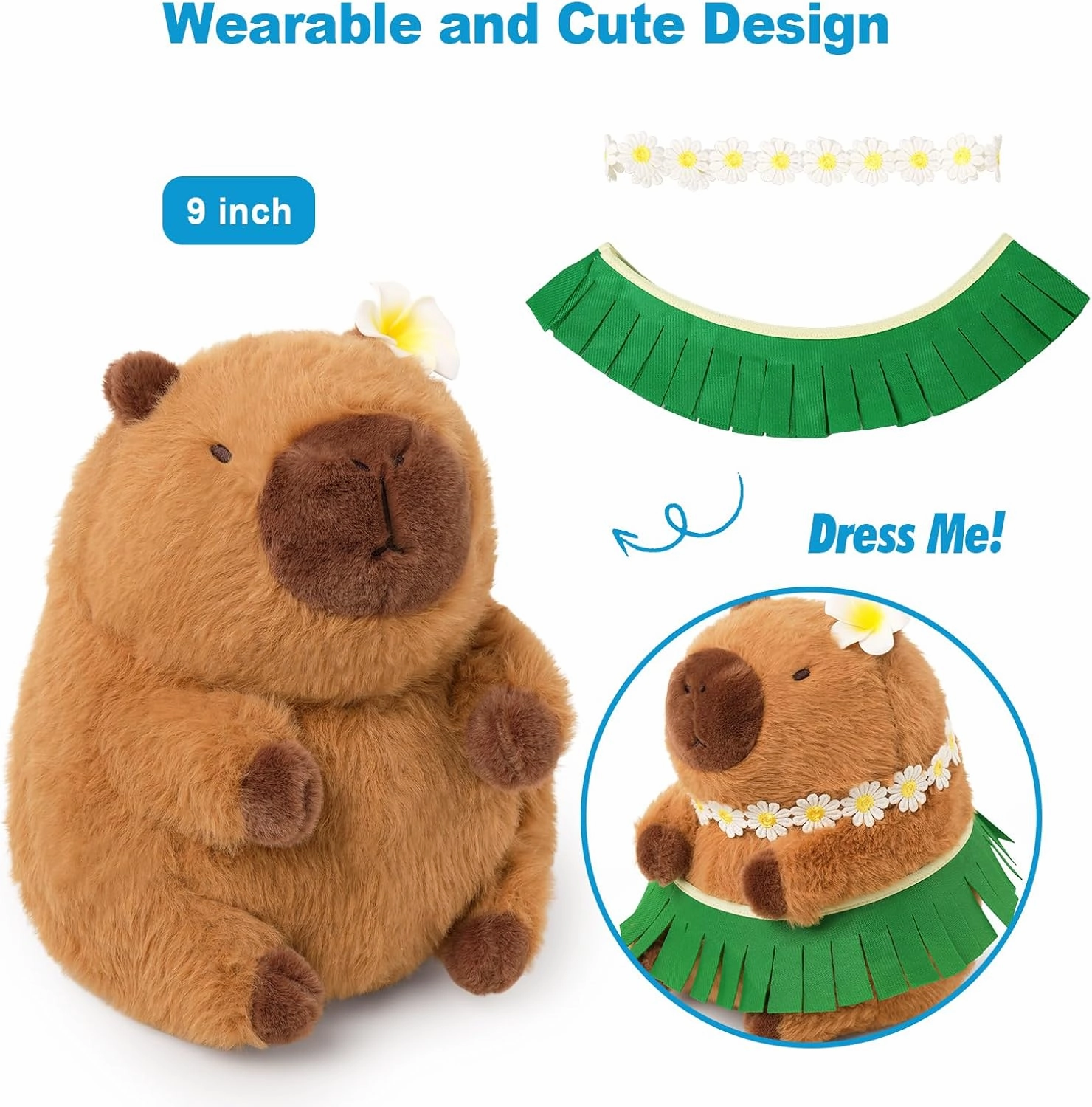 Ditucu Cute Capybara Plush Wear Hawaiian Style Grass Skirt Capibara Stuffed Animal Plushies Toys Hugging Gifts for Kids Brown 15.7 inch