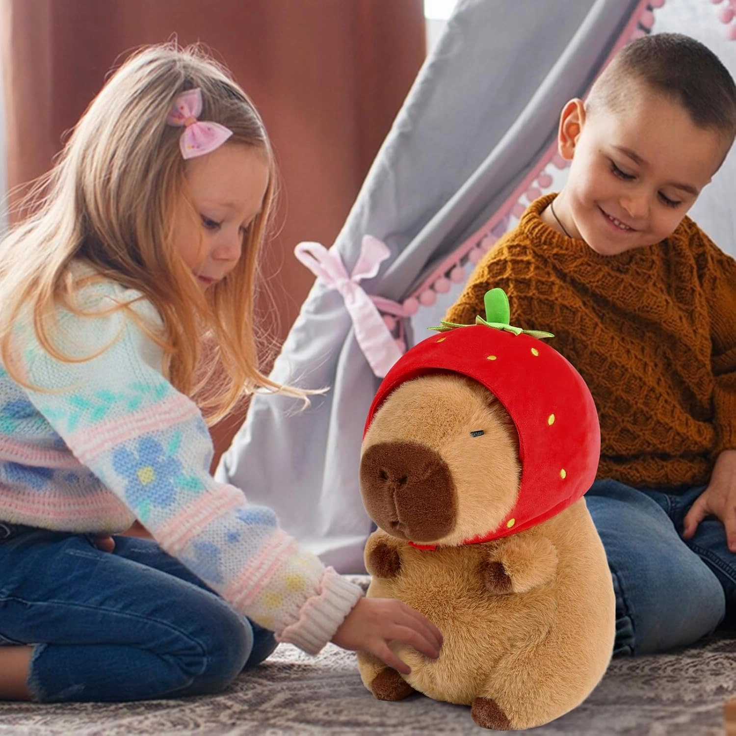 Ditucu Cute Capybara Plush Wear Strawberry Hat Soft Capibara Stuffed Animal Plushies Toys Hugging Gifts for Kids Brown 17 inch