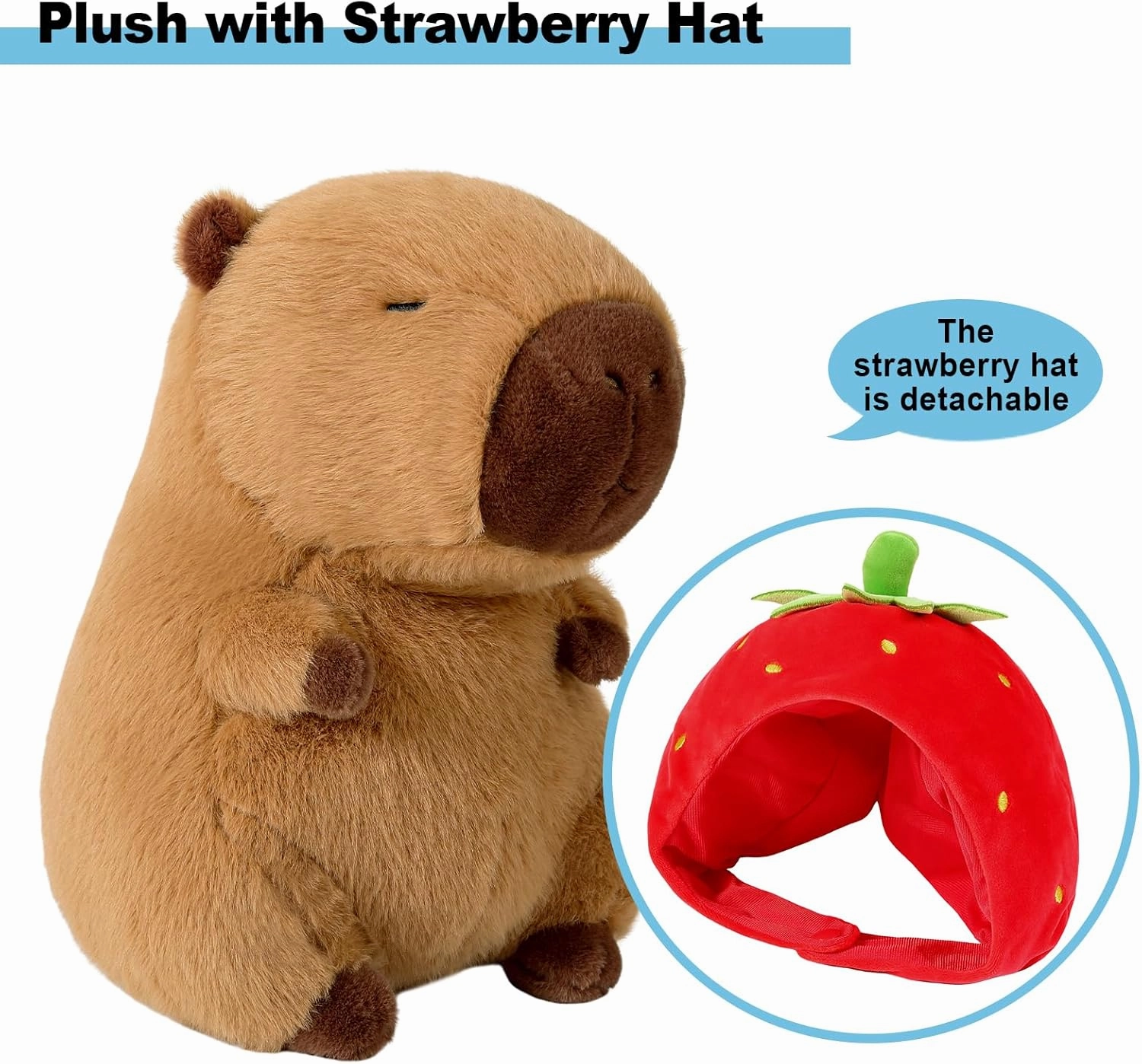 Ditucu Cute Capybara Plush Wear Strawberry Hat Soft Capibara Stuffed Animal Plushies Toys Hugging Gifts for Kids Brown 17 inch
