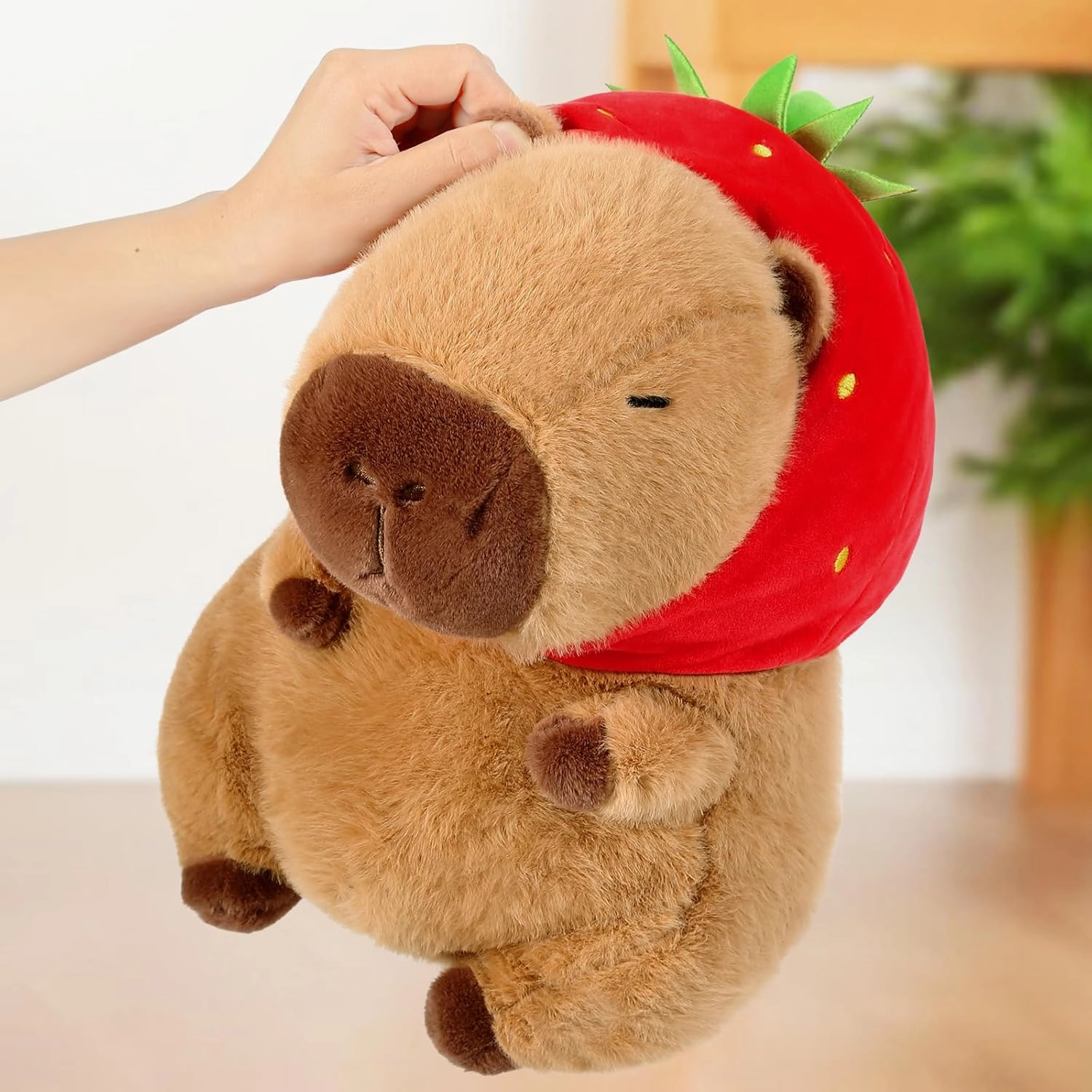 Ditucu Cute Capybara Plush Wear Strawberry Hat Soft Capibara Stuffed Animal Plushies Toys Hugging Gifts for Kids Brown 17 inch