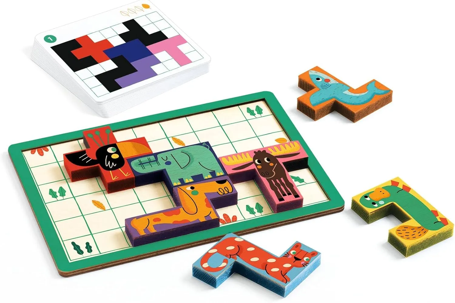 DJECO SoLogic Pentanimo - Wooden Logic Game for Little Ones - Challenging, Fun & Creative Activity for Family & Friends - Cute Animal Puzzle Toy for Children 5  Years Girls & Boys