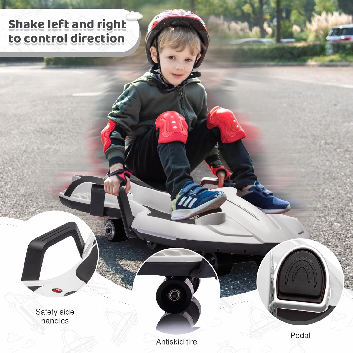 Dockey 24V Electric Ride On Toy for Kids Ages 6 & Up, High Power Drift Cart with Side Handlebars, Cool LED Lights, Water Mist Spray & Music - Crazy Cart (White)