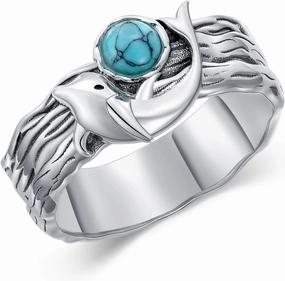 Dolphin Rings for Women 925 Sterling Silver Genuine Turquoise Ring Ocean Dolphins Rings Western Promise Rings Turquoise Jewelry Gifts for Mom Wife