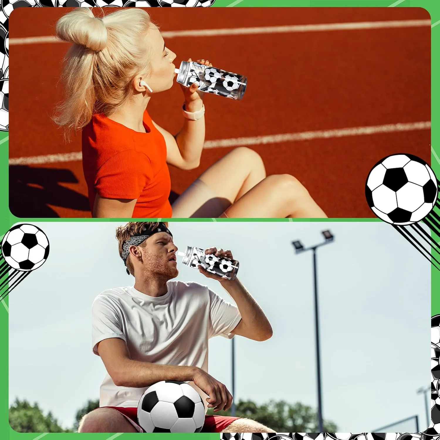 Domensi 24 Pack 14.2 oz Plastic Cups with Lid and Straw Clear Reusable Cups with Lids and StrawsTumbler for Birthday Sports Themed Party Supplies(Soccer)