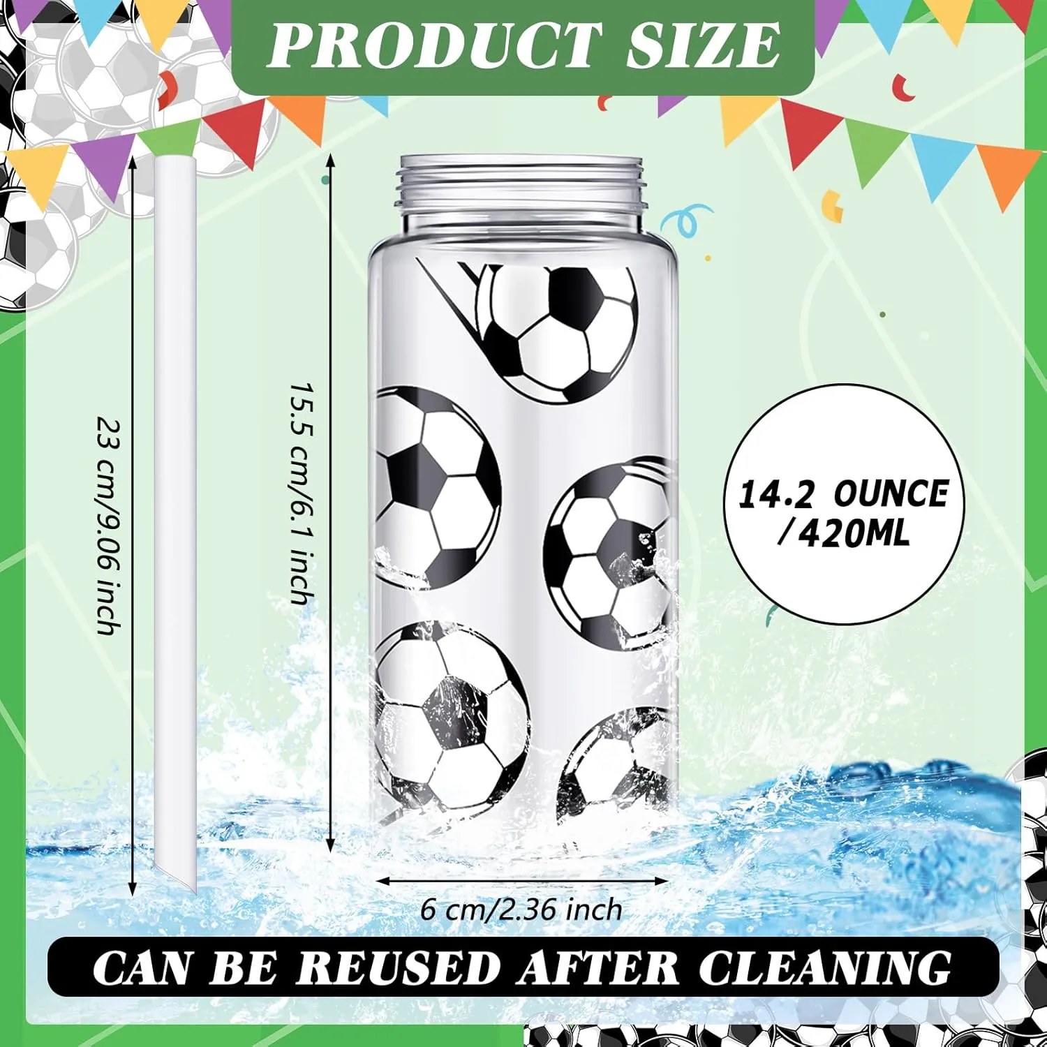 Domensi 24 Pack 14.2 oz Plastic Cups with Lid and Straw Clear Reusable Cups with Lids and StrawsTumbler for Birthday Sports Themed Party Supplies(Soccer)