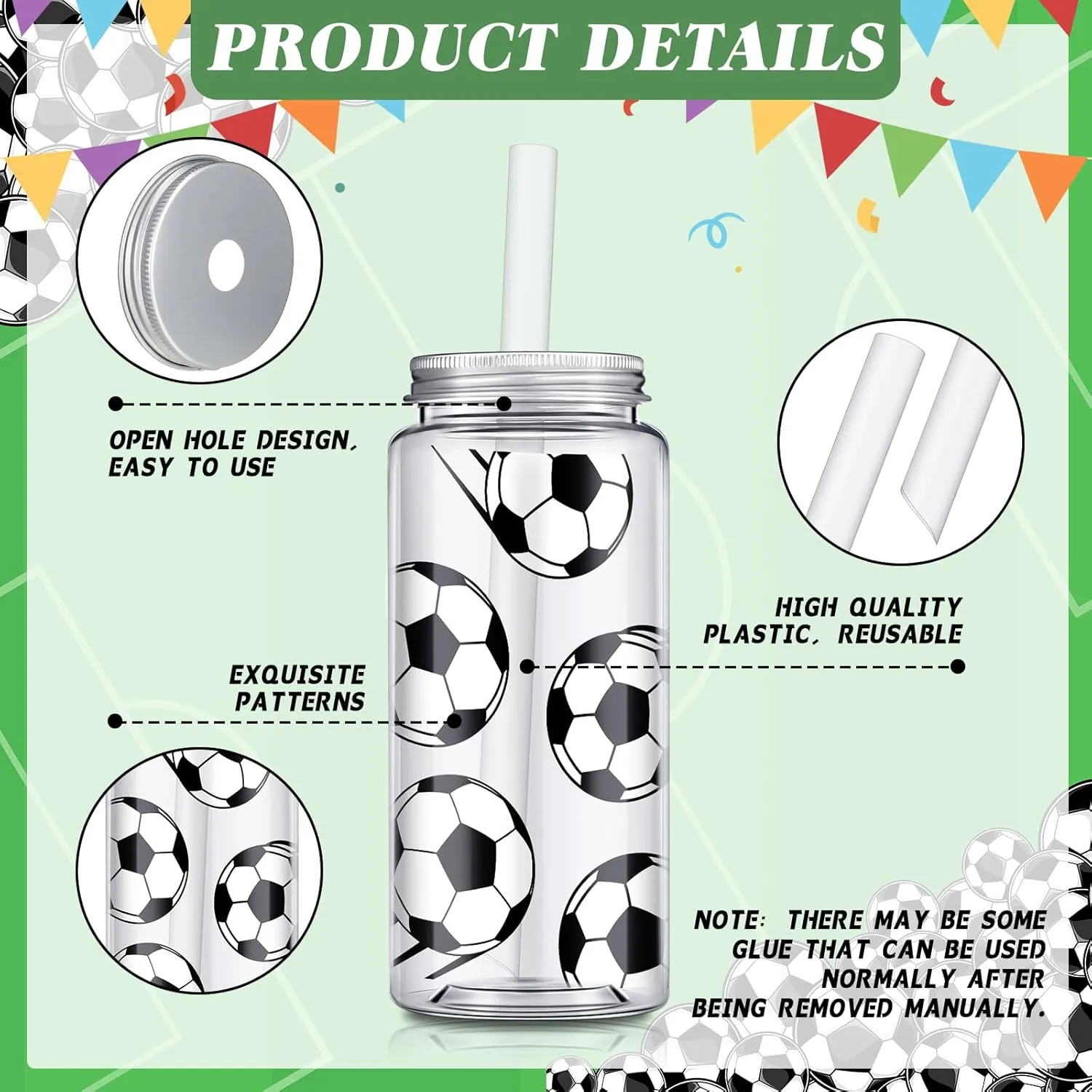 Domensi 24 Pack 14.2 oz Plastic Cups with Lid and Straw Clear Reusable Cups with Lids and StrawsTumbler for Birthday Sports Themed Party Supplies(Soccer)