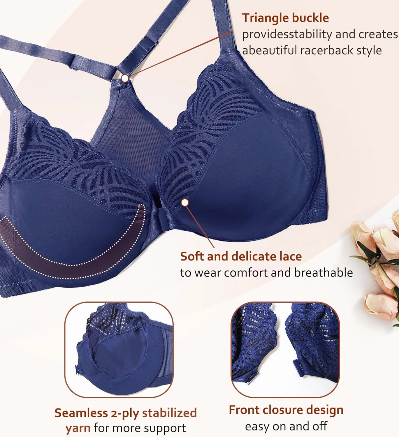 DotVol Women's Front Close Bra T Back Full Figure Underwire Plus Size Seamless Unlined Bra for Large Bust