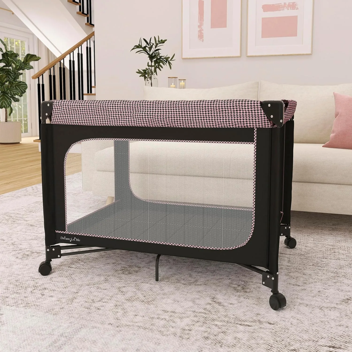 Dream On Me EZGo Portable Playard in Pink & Black, Compact Easy to Fold and Travel Baby Playard, Breathable Mesh Sides, Carry Bag Included