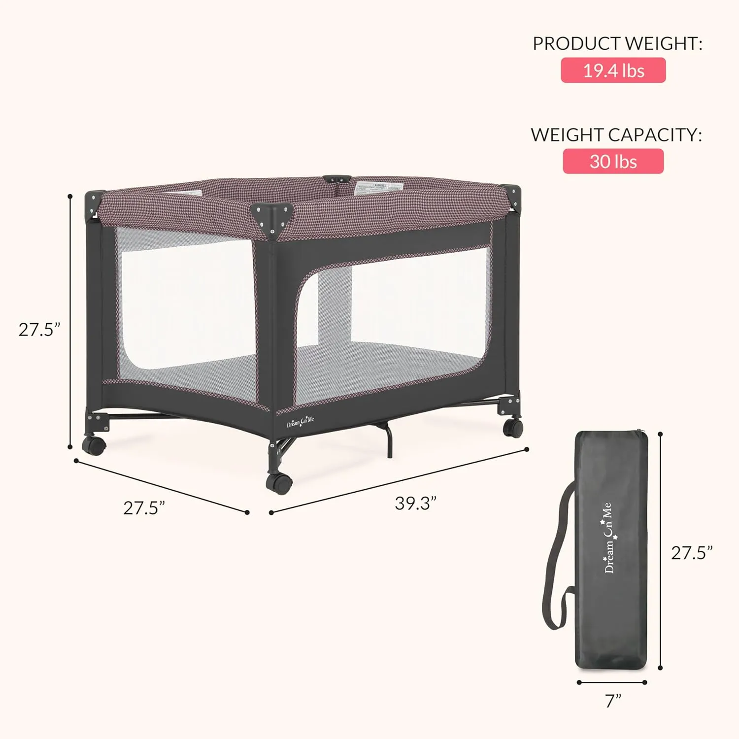 Dream On Me EZGo Portable Playard in Pink & Black, Compact Easy to Fold and Travel Baby Playard, Breathable Mesh Sides, Carry Bag Included
