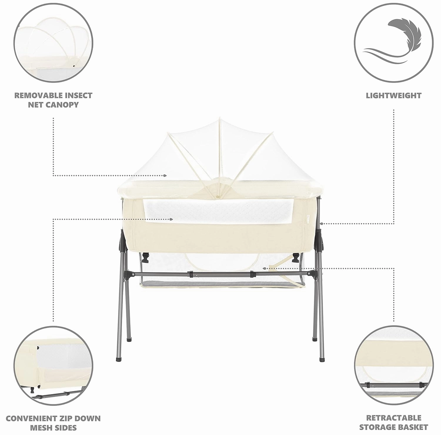 Dream On Me Lotus Bassinet and Bedside Sleeper in Ivory, Lightweight and Portable Baby Bassinet, Adjustable Height Position, Easy to Fold and Carry Travel Bassinet- Carry Bag Included