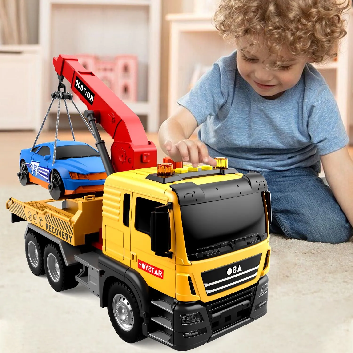 Dwi Dowellin Large Friction Powered Tow Truck Toy, Kids Rescue Crane Truck Gift for 2 3 4 5 6 Year Old Boys