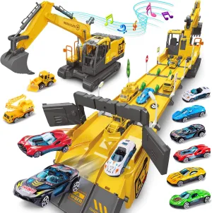 Dwi Dowellin Toys for 3 Year Old Boys,Excavator Toys for Boys with 6 Metal Racing Cars and 2 Engineering Vehicle,Foldable Ejection Vehicle with Lights & Sound for 3 4 5 6 7 Years Old Boys Gifts