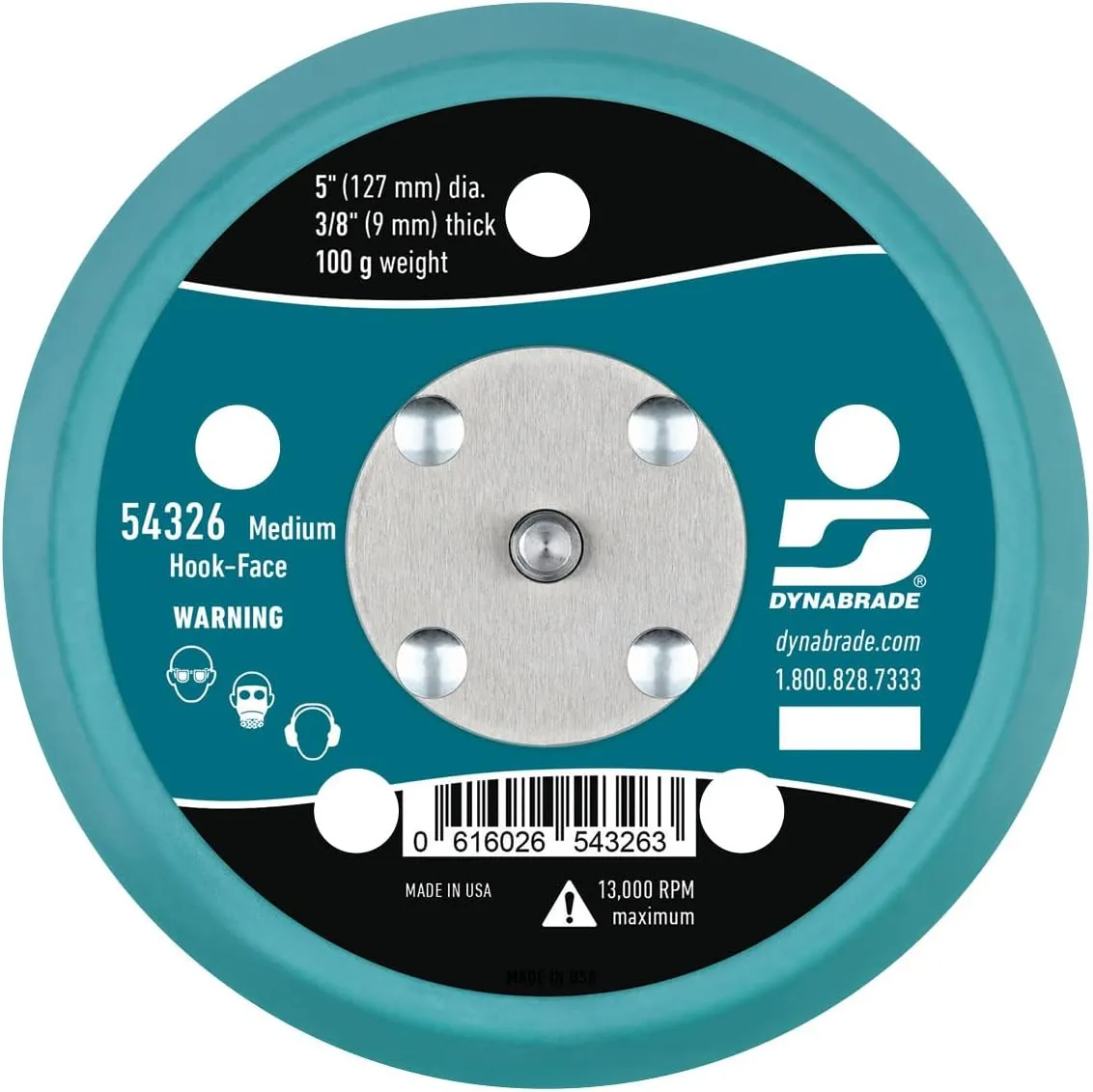 Dynabrade (54326) 5" (127 mm) Diameter Hook-Face Vacuum Sanding Disc Pad, Short Nap, Teal | 3/8" (10 mm) Thick Urethane Medium Density, Swirl-Free Finish, 5/16"-24 Male Thread
