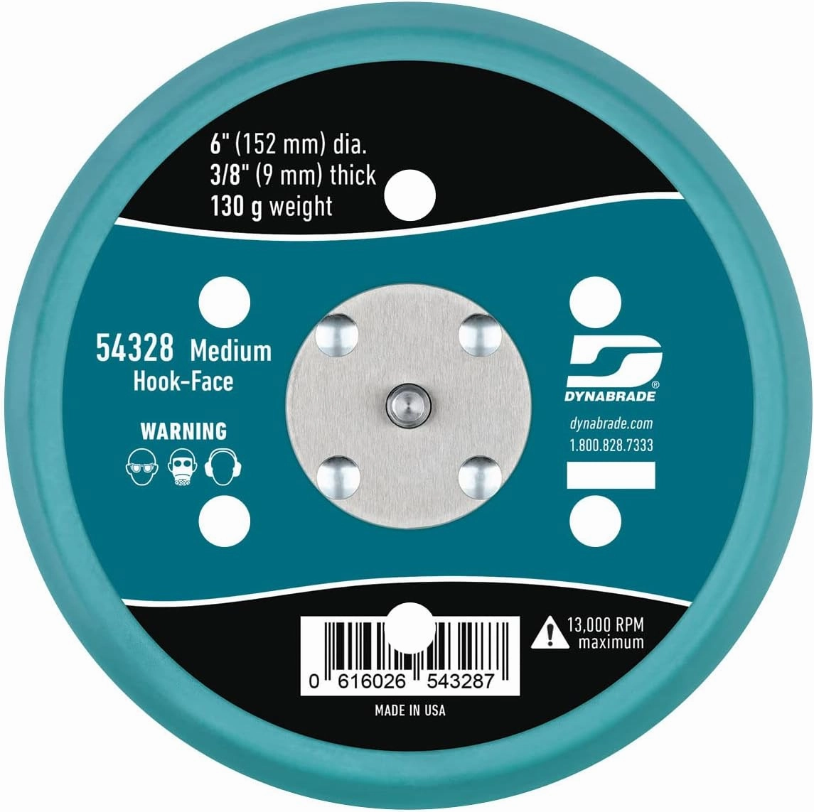 Dynabrade (54328) 6" (152 mm) Diameter Hook-Face Vacuum Sanding Disc Pad, Short Nap, Teal | 3/8" (10 mm) Thick Urethane Medium Density, Swirl-Free Finish, 5/16"-24 Male Thread
