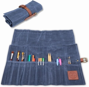 Earth & Fiber Co. Compact Waxed Canvas Paint Brush Holder - Portable Art Bag for Painting & Drawing - Art Supplies Organizer - Storage Roll Bag for Artists (blue)