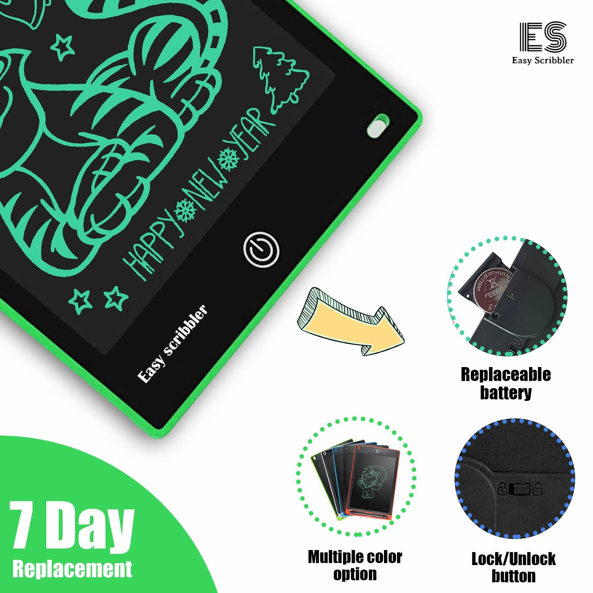 Easy Scribbler 12-inch in Color Green | Writing, Reusable, Portable Pad with Colorful Letters | Graphic Tablet | Scribbling Pad | Birthday Gift for Kids| Drawing | Stylus Pen