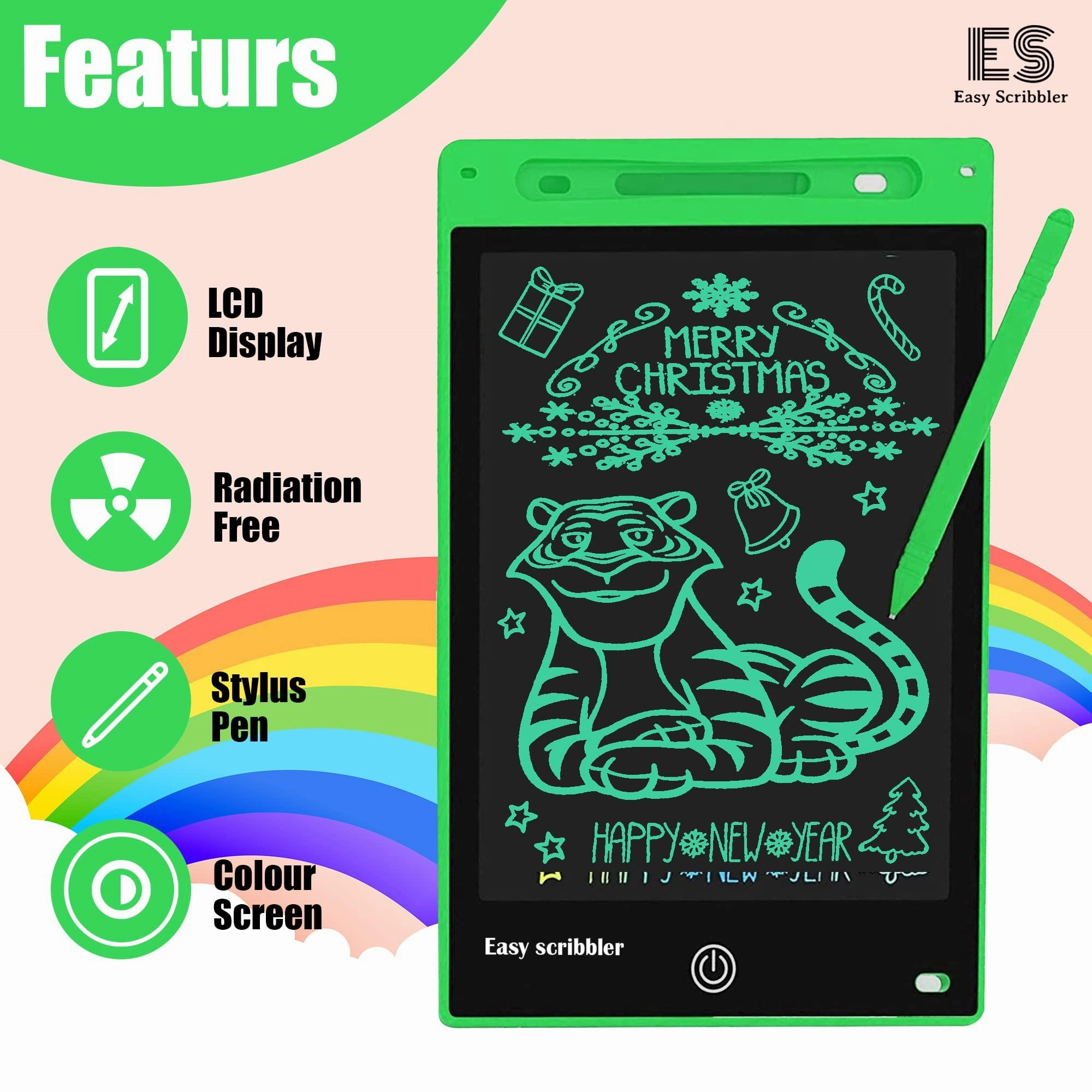 Easy Scribbler 12-inch in Color Green | Writing, Reusable, Portable Pad with Colorful Letters | Graphic Tablet | Scribbling Pad | Birthday Gift for Kids| Drawing | Stylus Pen