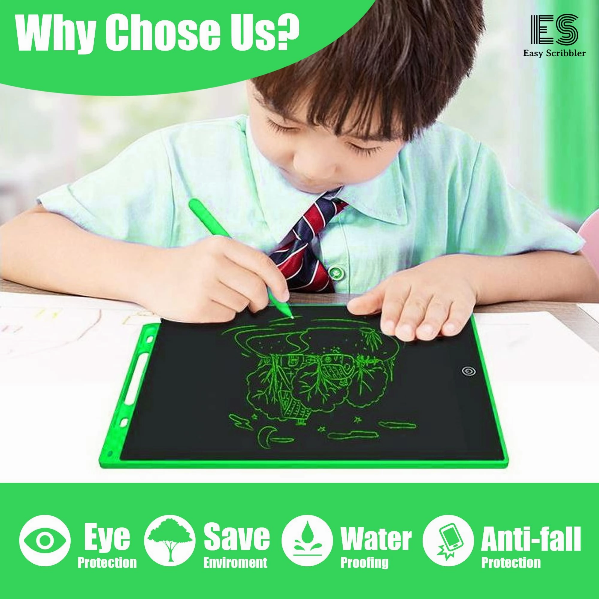 Easy Scribbler 12-inch in Color Green | Writing, Reusable, Portable Pad with Colorful Letters | Graphic Tablet | Scribbling Pad | Birthday Gift for Kids| Drawing | Stylus Pen