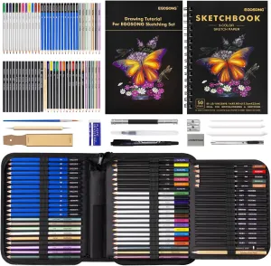 EGOSONG Drawing Set Sketch Pencils Kit,78 Pieces Sketching Supplies with 3-Color Sketchbook,Colorless Blender and Graphite,Charcoal Pencil,Pro Art Supplies Kit for Artists Adults Teens Beginners