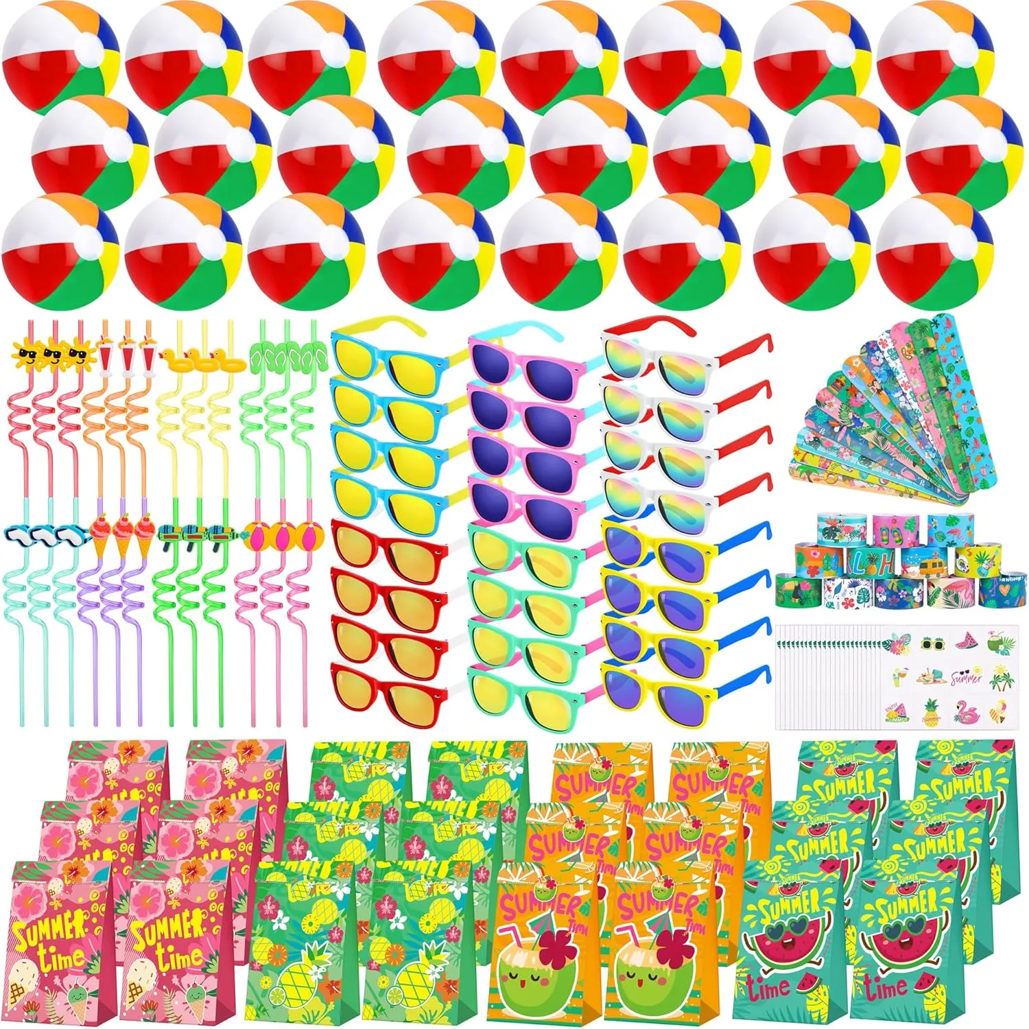 Elcoho 144 Pieces Pool Party Favors Beach Toys Including Inflatable Beach Ball, Sunglasses, Paper Bag Straw Tattoo Slap Bracelet Beach Summer Party Favors for Birthday Graduate Pool Party Age 4-12