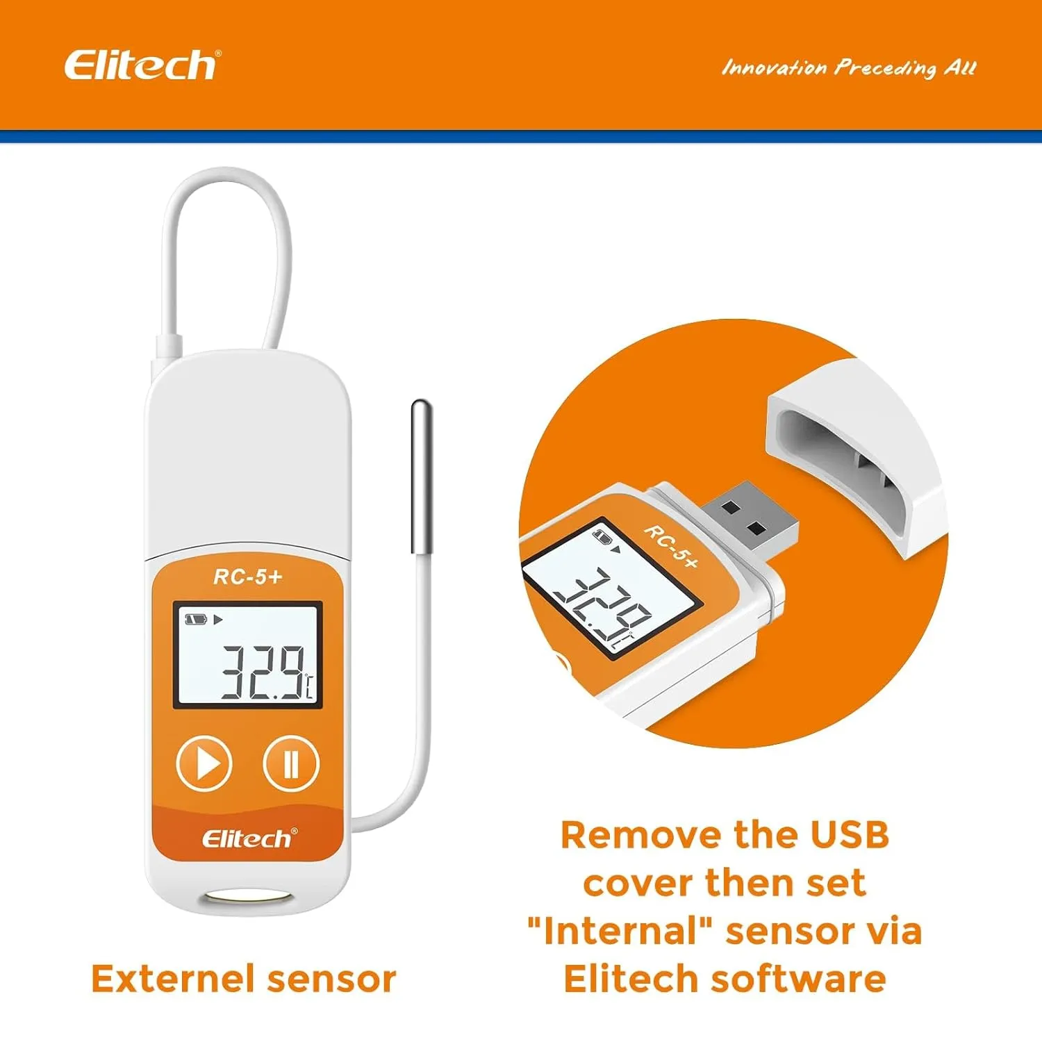Elitech RC-5  TE Digital PDF USB Temperature Data Logger Reusable Recorder Refrigerator Thermometer 32000 Points High Accuracy (Extra External Sensor)