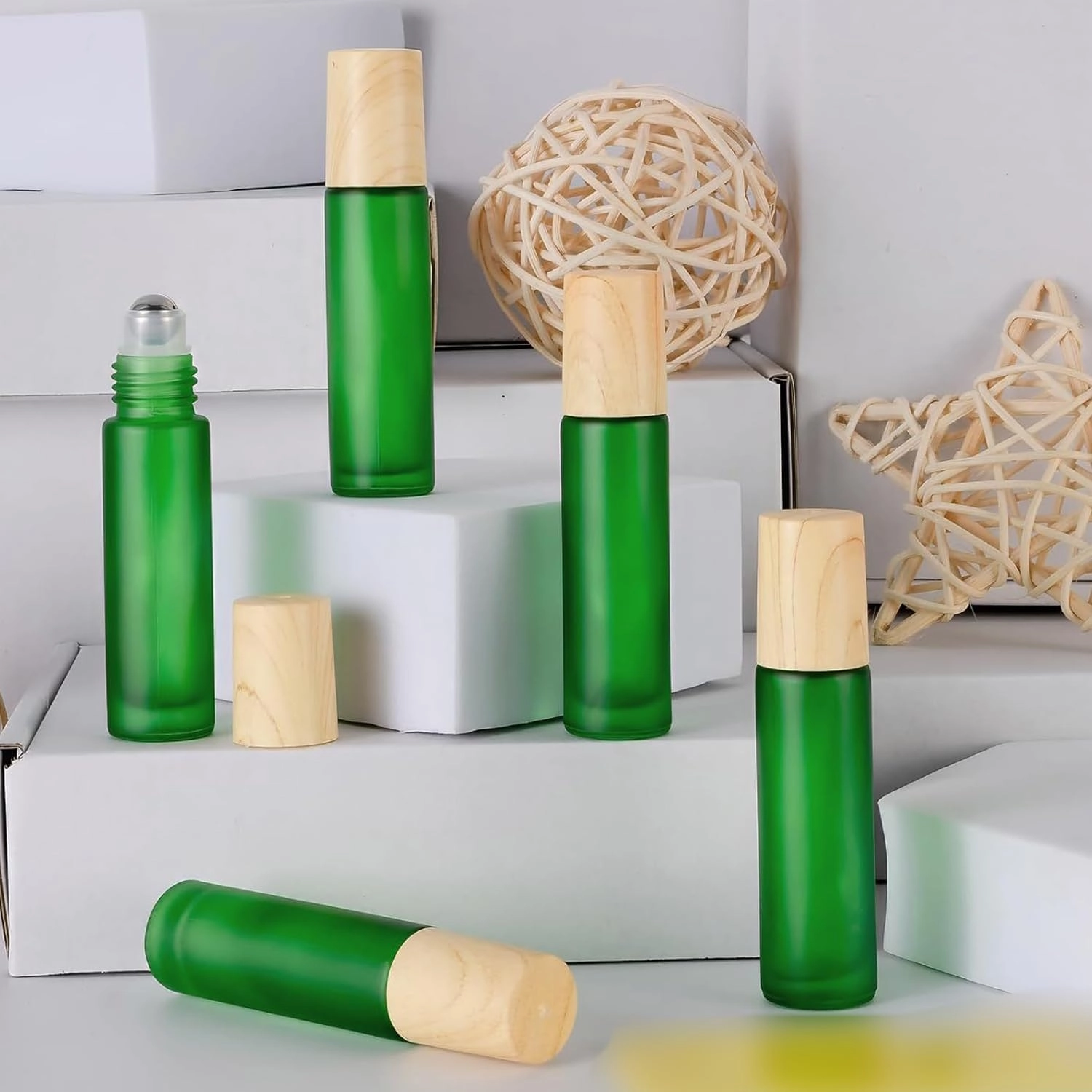 Ellbest 16pack 10ml Essential Oil Glass Bottle Glass Roller Bottles with Stainless Steel Roller Balls Reusable Refillable Bottle(Green Frosted)