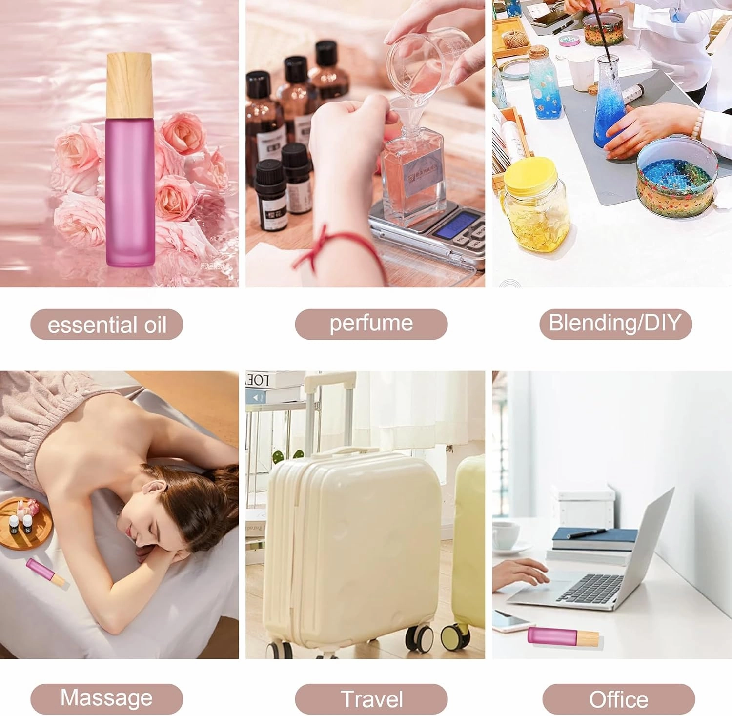 Ellbest 16pack 10ml Essential Oil Glass Bottle Glass Roller Bottles with Stainless Steel Roller Balls Reusable Refillable Bottle(Pink Frosted)