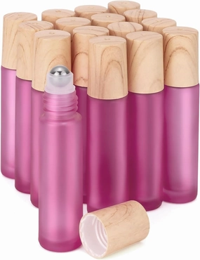 Ellbest 16pack 10ml Essential Oil Glass Bottle Glass Roller Bottles with Stainless Steel Roller Balls Reusable Refillable Bottle(Pink Frosted)