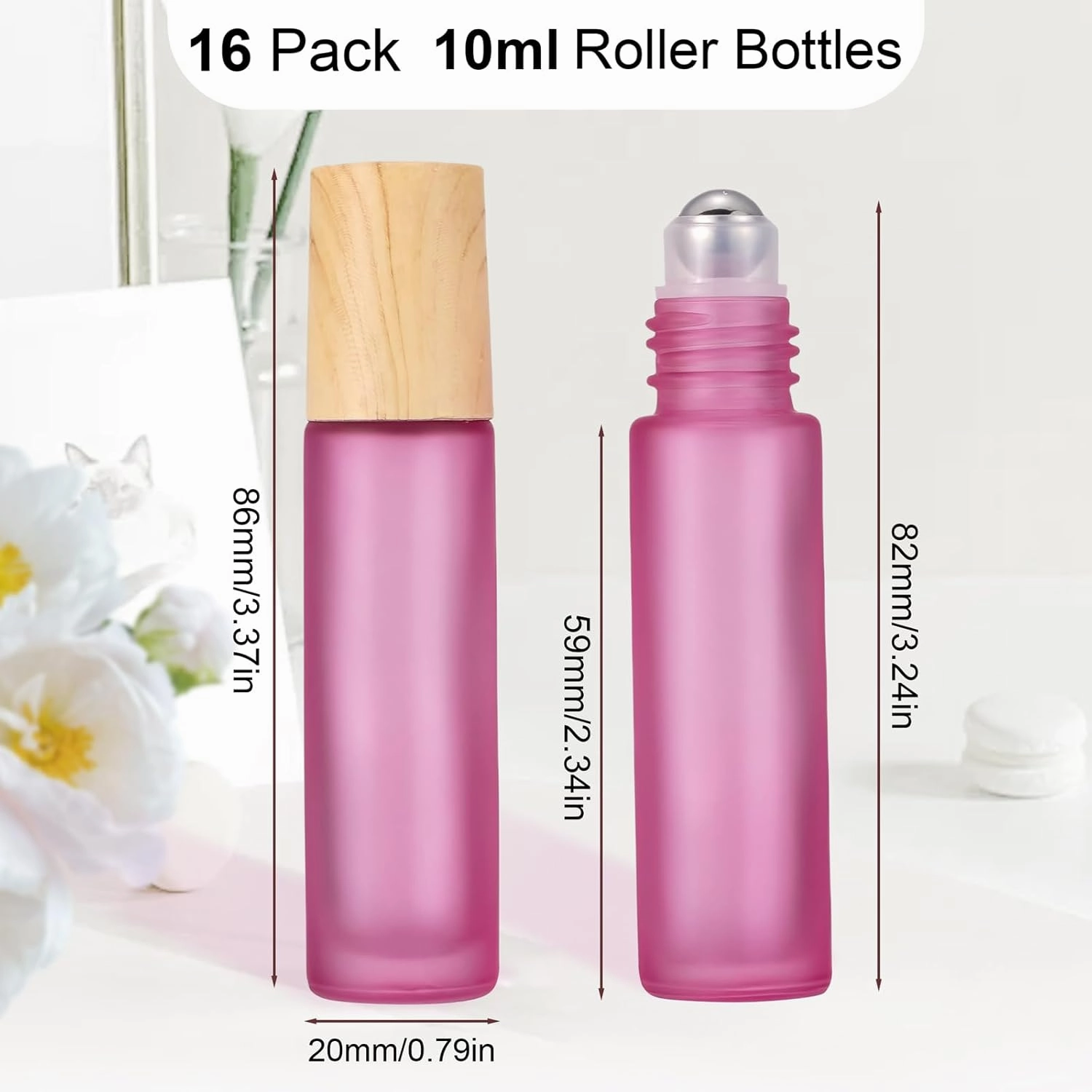 Ellbest 16pack 10ml Essential Oil Glass Bottle Glass Roller Bottles with Stainless Steel Roller Balls Reusable Refillable Bottle(Pink Frosted)