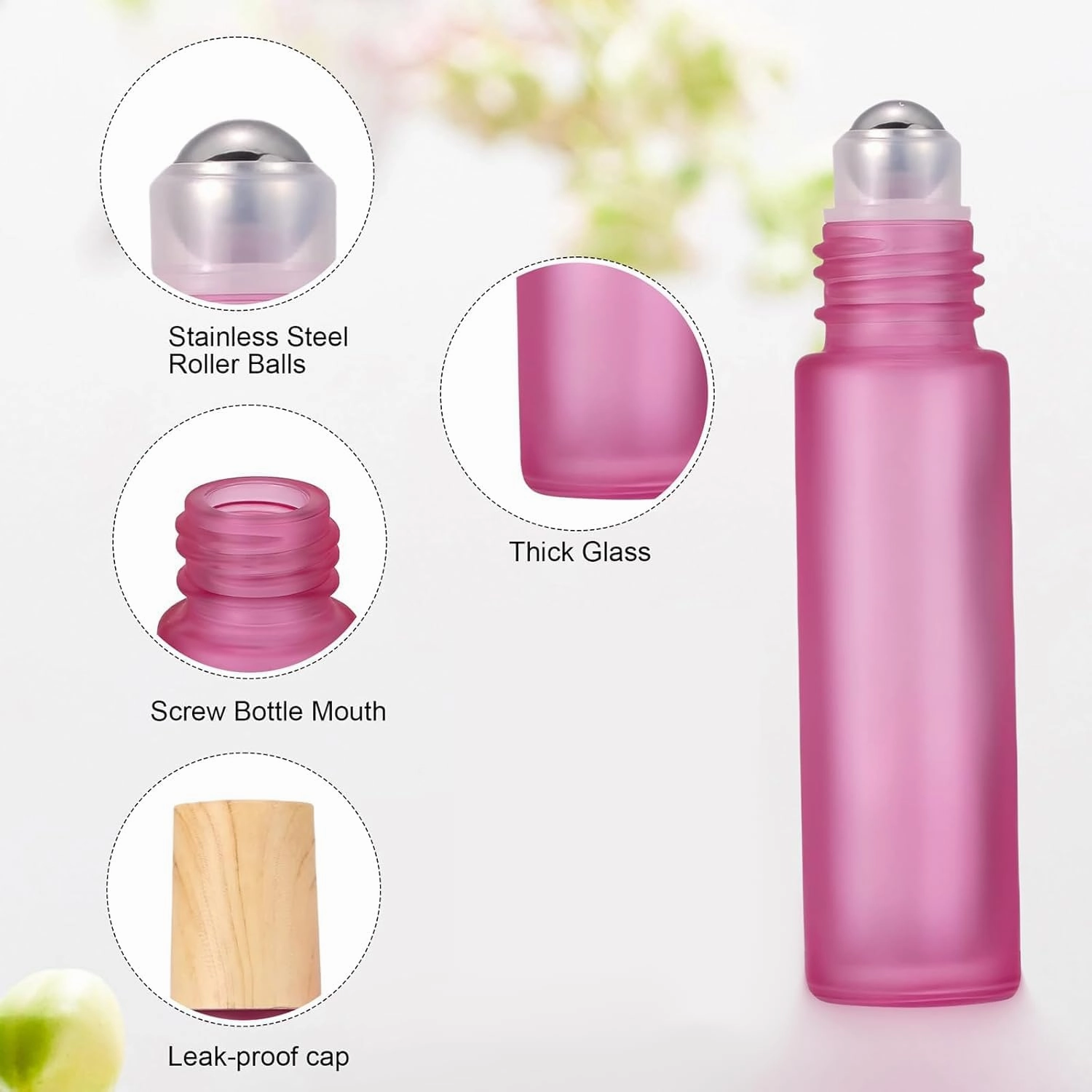 Ellbest 16pack 10ml Essential Oil Glass Bottle Glass Roller Bottles with Stainless Steel Roller Balls Reusable Refillable Bottle(Pink Frosted)