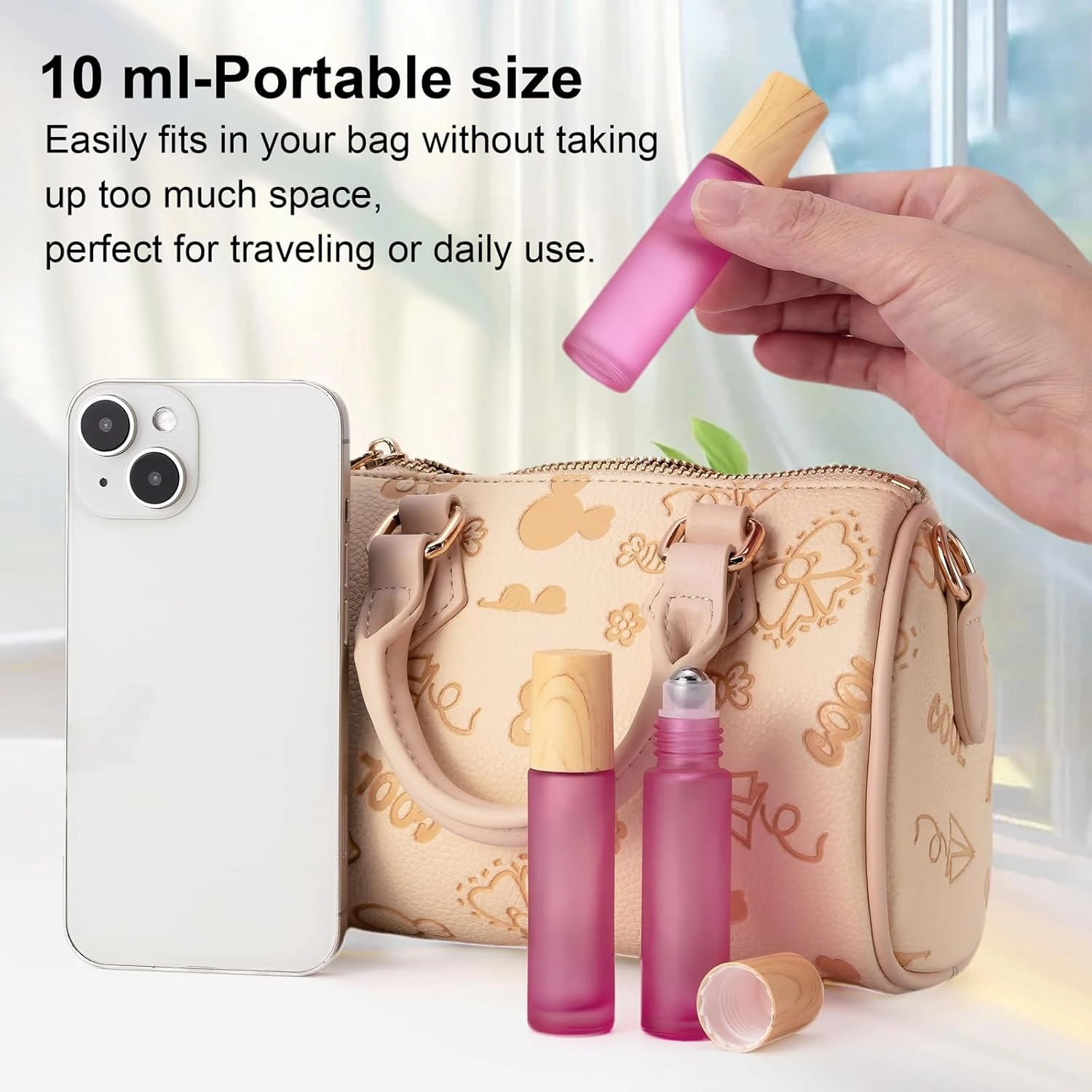 Ellbest 16pack 10ml Essential Oil Glass Bottle Glass Roller Bottles with Stainless Steel Roller Balls Reusable Refillable Bottle(Pink Frosted)