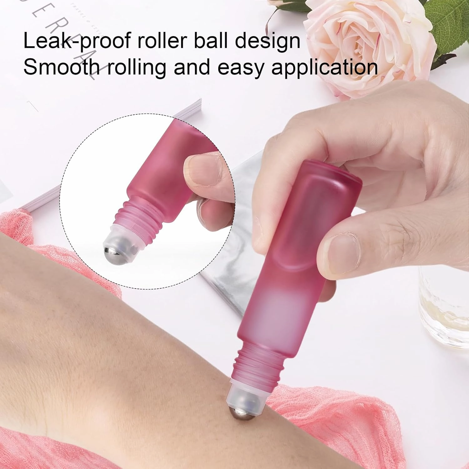 Ellbest 16pack 10ml Essential Oil Glass Bottle Glass Roller Bottles with Stainless Steel Roller Balls Reusable Refillable Bottle(Pink Frosted)