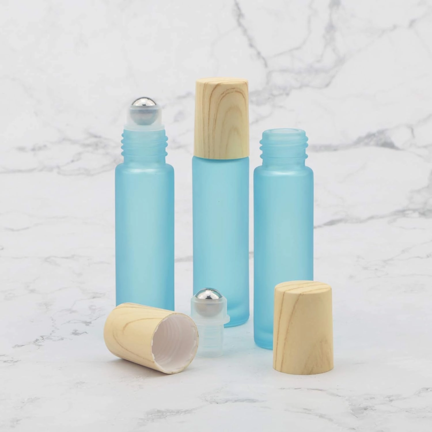 Ellbest 16pcs 10ml Essential Oil Glass Bottle Colorful Frosted Glass Roller Bottles with Stainless Steel Roller Balls Reusable Bottle, Perfect for Travelling Carrying Outside (Cyan-blue Frosted)