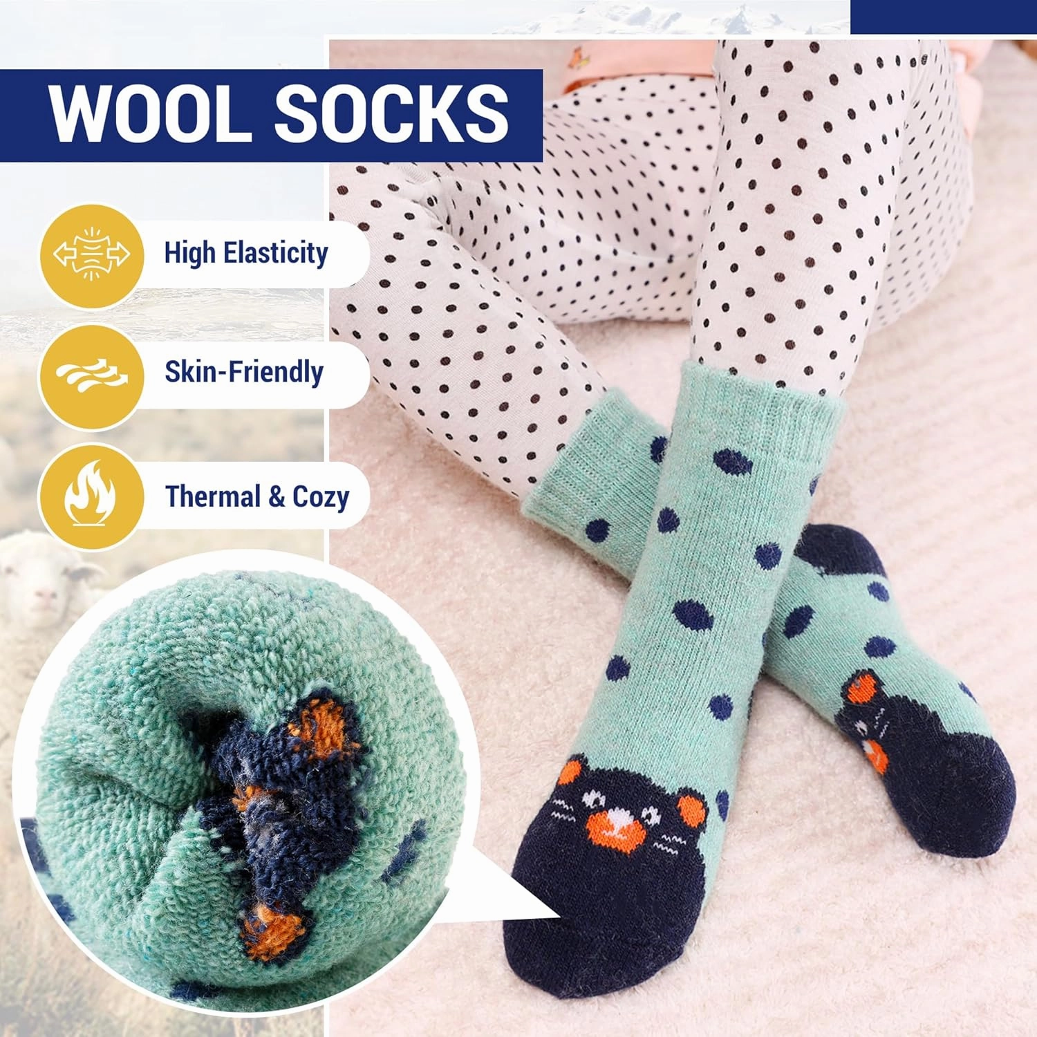 Eocom Kids Wool Socks For Boys Girls Warm Hiking Thermal Winter Cozy Soft Thick Toddlers Crew Boot Socks 6 Pairs