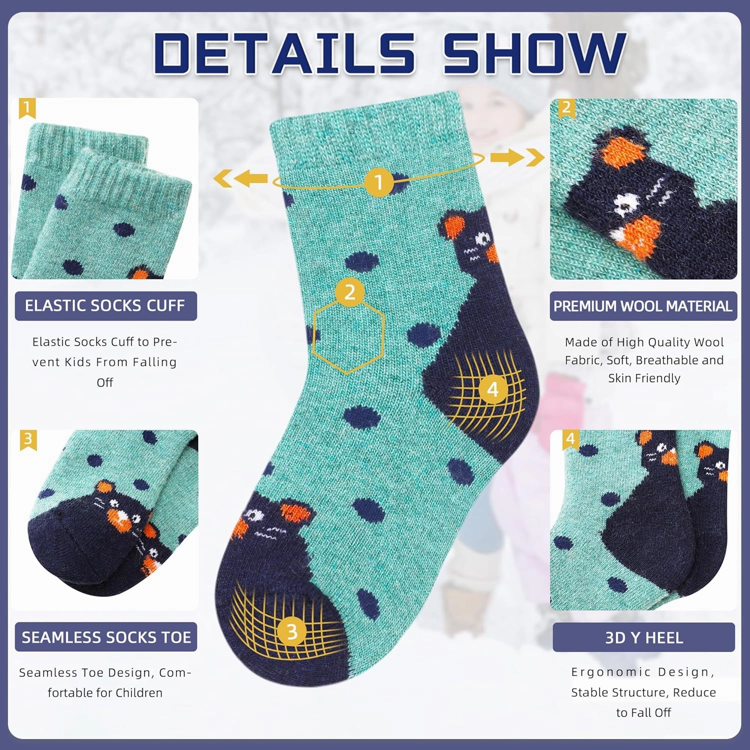 Eocom Kids Wool Socks For Boys Girls Warm Hiking Thermal Winter Cozy Soft Thick Toddlers Crew Boot Socks 6 Pairs