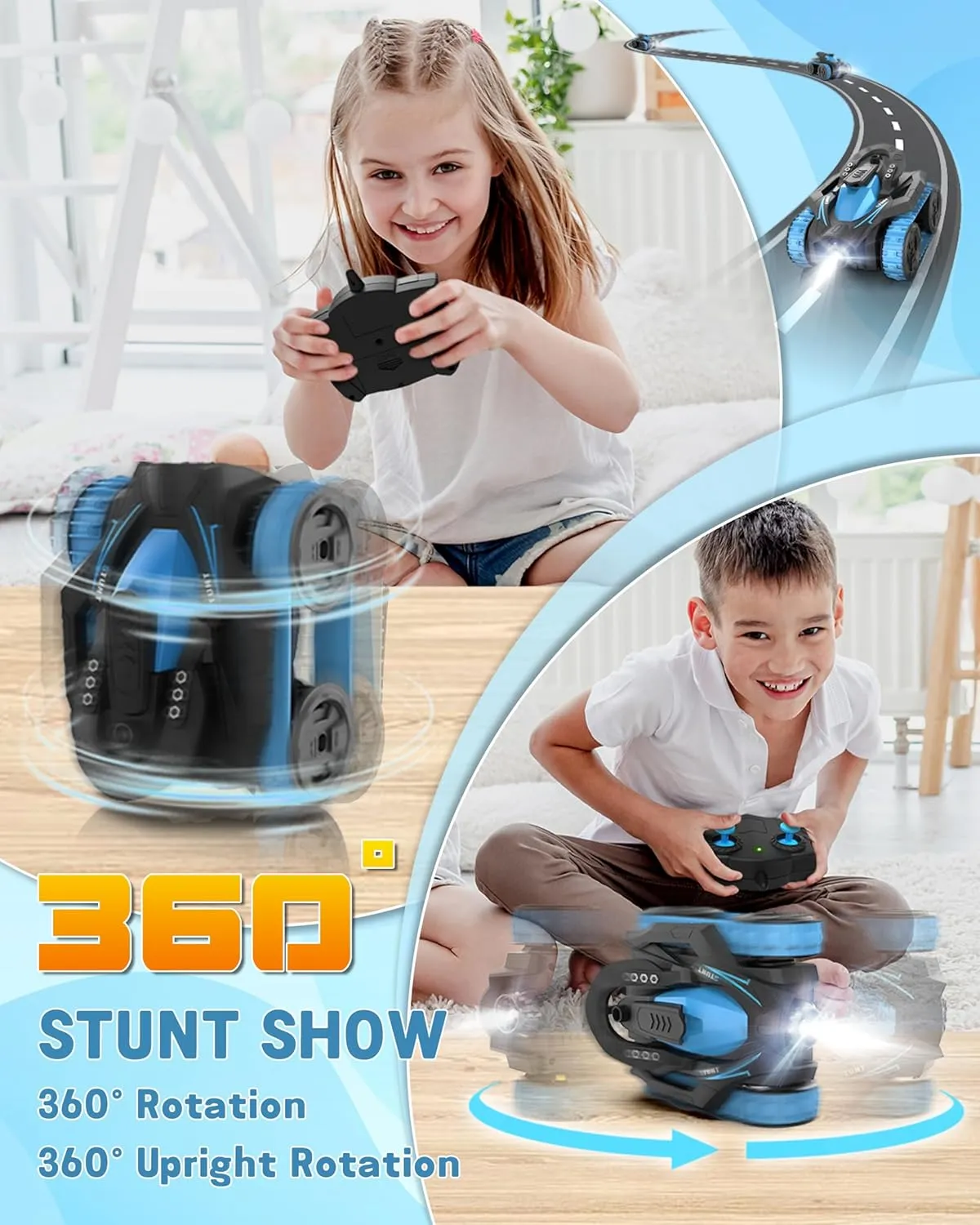 Eulogia Remote Control Car, RC Stunt Control Car 360° Upright & Side Rotating, 4WD All Terrain Truck with Two 1200mAh Rechargeable Batteries for 1.5H, Birthday Present for 5-12 Boys