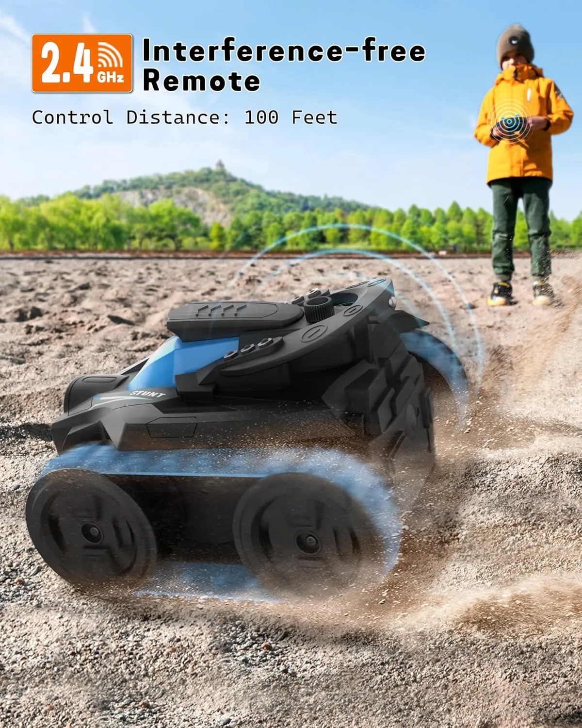 Eulogia Remote Control Car, RC Stunt Control Car 360° Upright & Side Rotating, 4WD All Terrain Truck with Two 1200mAh Rechargeable Batteries for 1.5H, Birthday Present for 5-12 Boys