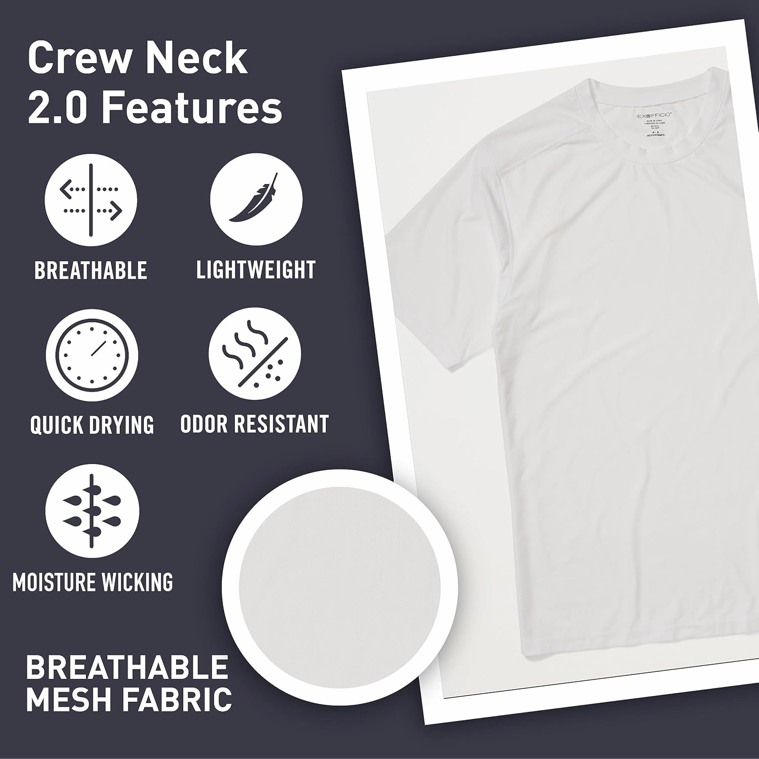 ExOfficio Men's Give-N-Go 2.0 Crew Neck - Breathable Durable Easy Care Travel Undershirt