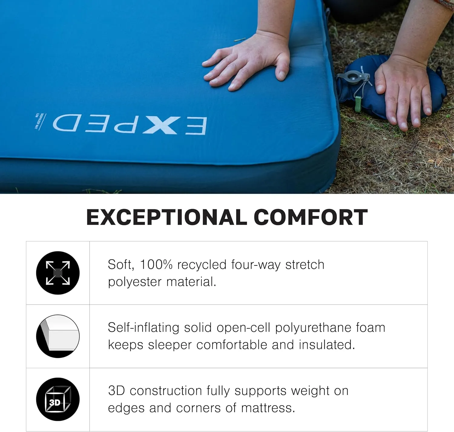 Exped DeepSleep Mat Single LW - Self Inflating Firm Car Sleeping Mat, 3” Foam Pad, Pump Included