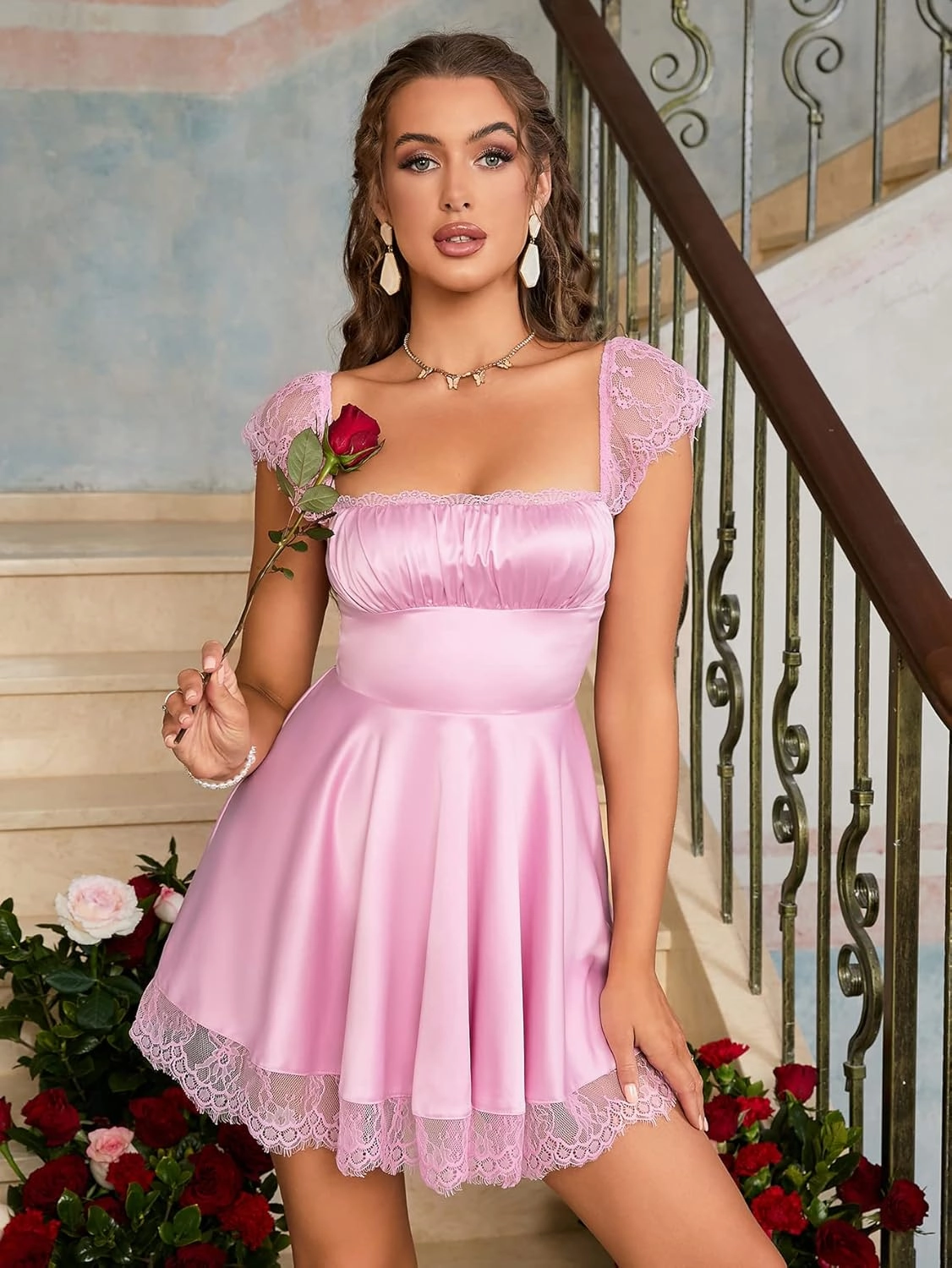 EYNMIN Women's Satin Lace Strap Mini Dress Square Neck Flowy A-Line Ruffle Swing Casual Short Dresses