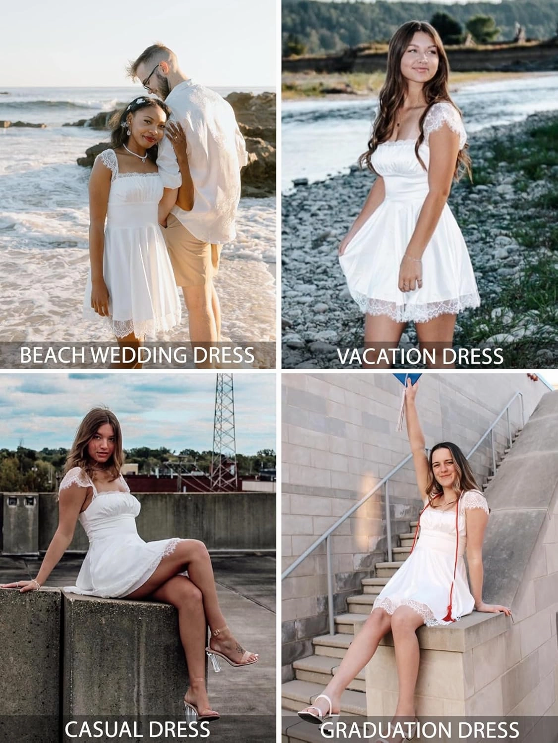 EYNMIN Women's Satin Lace Strap Mini Dress Square Neck Flowy A-Line Ruffle Swing Casual Short Dresses
