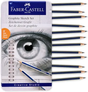 Faber-Castell Graphite Pencils Drawing Set: 12 Art Pencils for Sketching (4H, 3H, 2H, H, F, HB, B, 2B, 3B, 4B, 5B, and 6B), Shading Kit