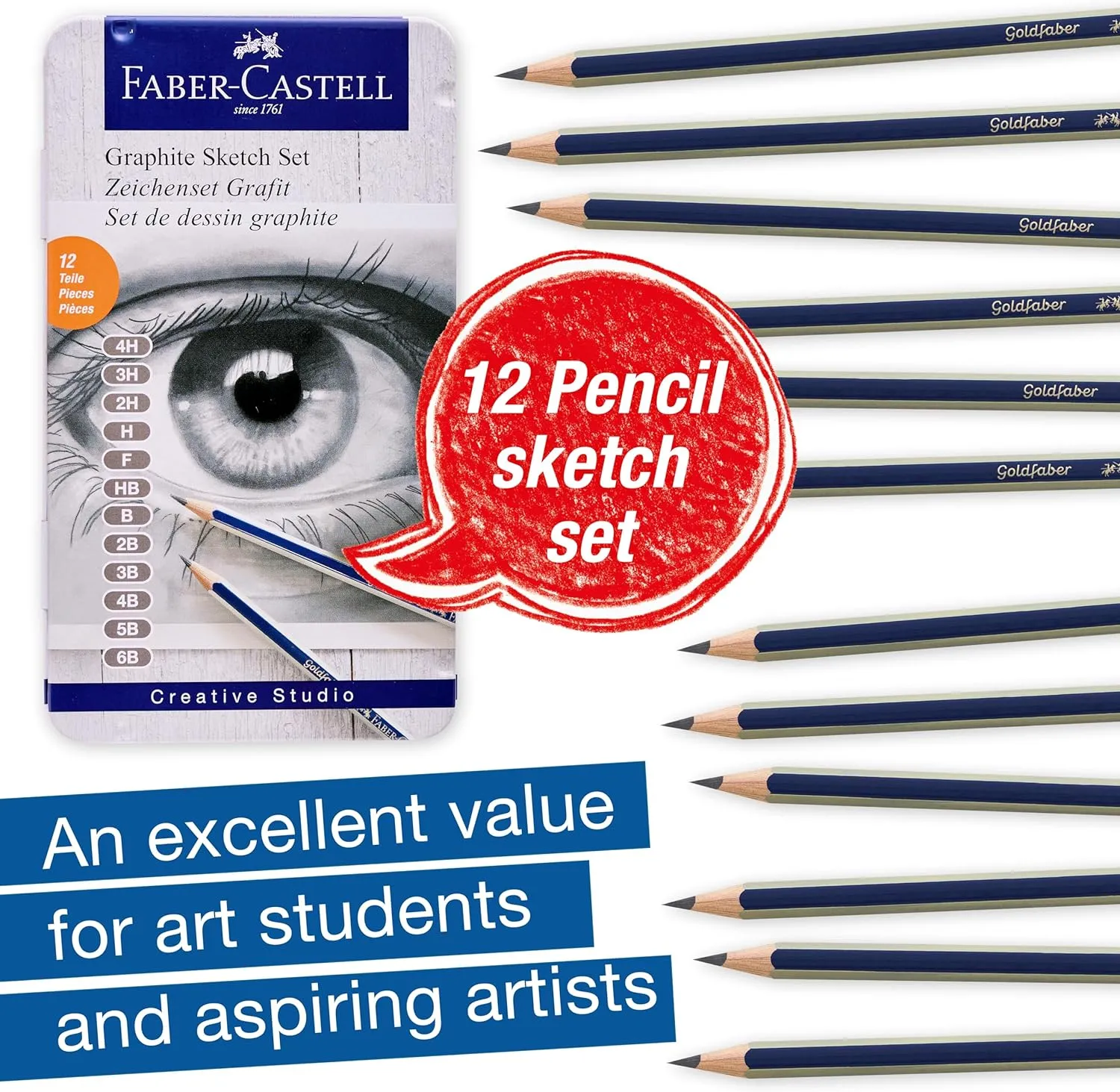 Faber-Castell Graphite Pencils Drawing Set: 12 Art Pencils for Sketching (4H, 3H, 2H, H, F, HB, B, 2B, 3B, 4B, 5B, and 6B), Shading Kit