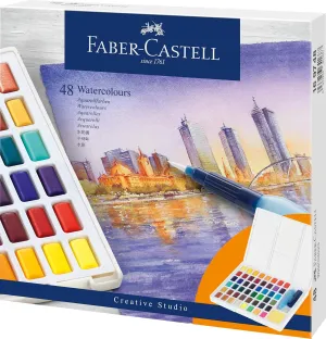 Faber-Castell Mixing Palette and Painting Accessories Water Half Pans with Travel Watercolor Brush, 48 Count (Pack of 1), 48 Colors