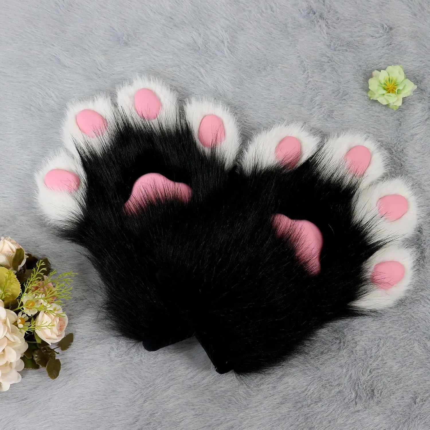 Faux Fur Plush Furry Cat Claw Gloves Fursuit Animal Fox Paws Mittens Halloween Cosplay Costume Accessories for Adult