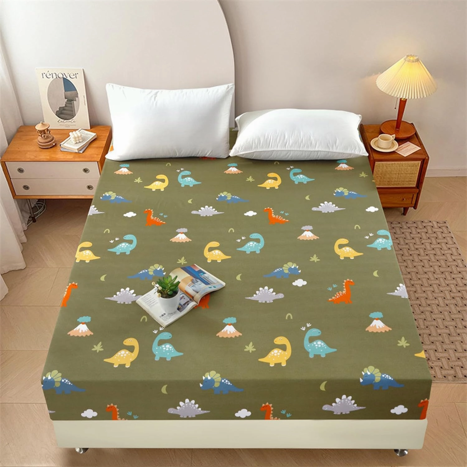 FCLDESHOP Standard Fitted Sheet,Children's Bedroom Waterproof Urine-Proof Mattress Cover Deep Pocket, Suitable for All Seasons,Dinosaur B,Twin 99x190x30cm (1pcs)