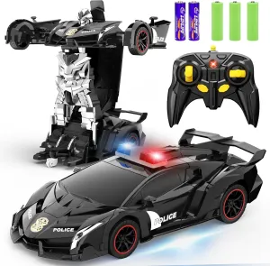 FDJ Remote Control Car - Transform Car Robot, One Button Deformation to Robot with Flashing Light, 2.4Ghz 1:18 Scale Transforming Police Kids Toys with 360 Degree Rotating Drifting, Toys Gifts