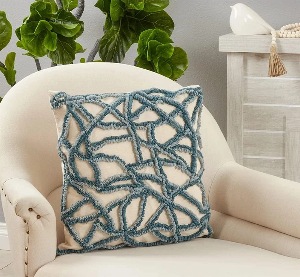 Fennco Styles Crackle Embroidered Cotton Decorative Throw Pillow 20" W x 20" L - Blue Textured Cushion for Home, Couch, Living Room and Office Décor