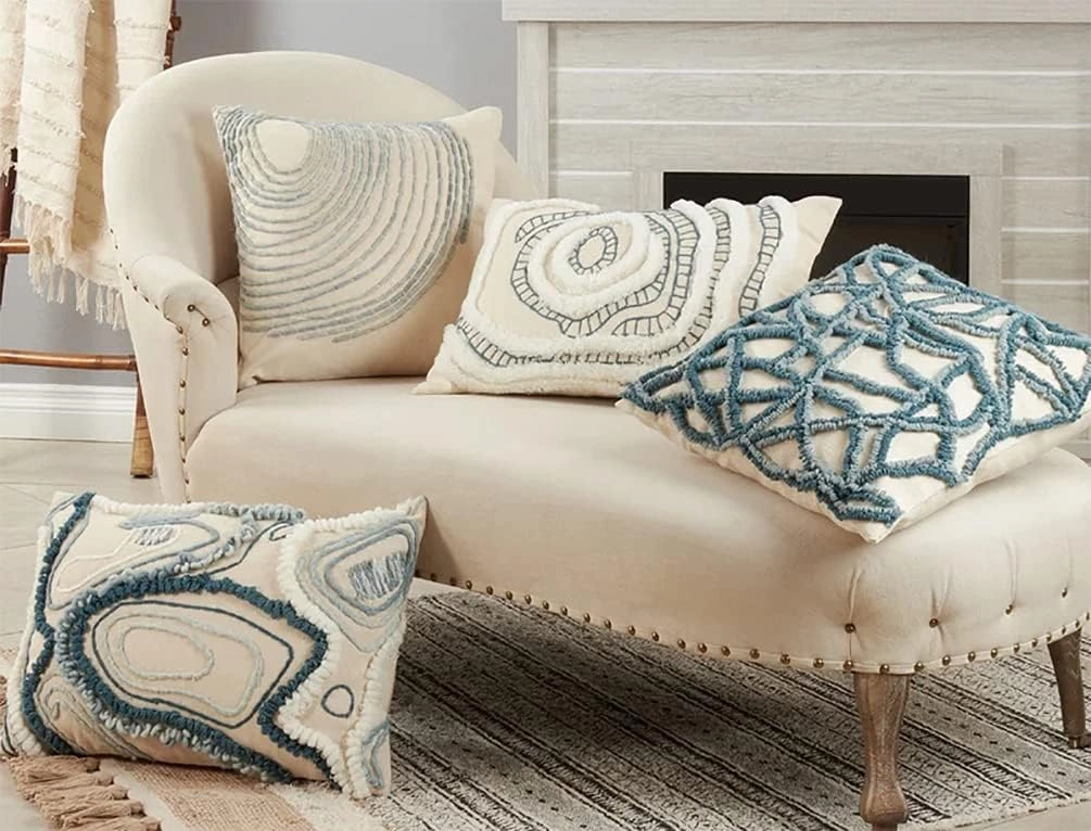 Fennco Styles Crackle Embroidered Cotton Decorative Throw Pillow 20" W x 20" L - Blue Textured Cushion for Home, Couch, Living Room and Office Décor